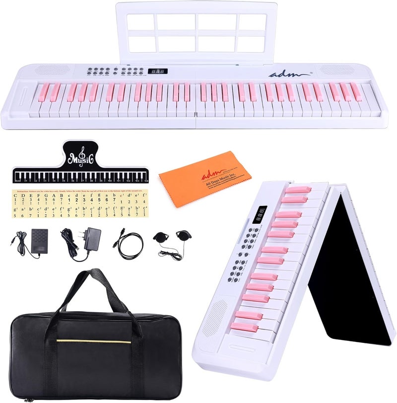 ADM 61 Key Folding Electric Piano Keyboard, Foldable Electronic Keyboard, Wireless 128 Tones, 128 Rhythms Includes Pedal, Gig Bag, Headphones for Beginners, Students, Teenagers, Adults, White - Image 1